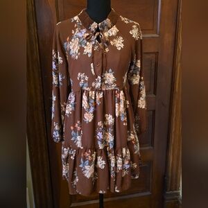 American Eagle Outfitters Brown Floral Tiered Button-Front Dress